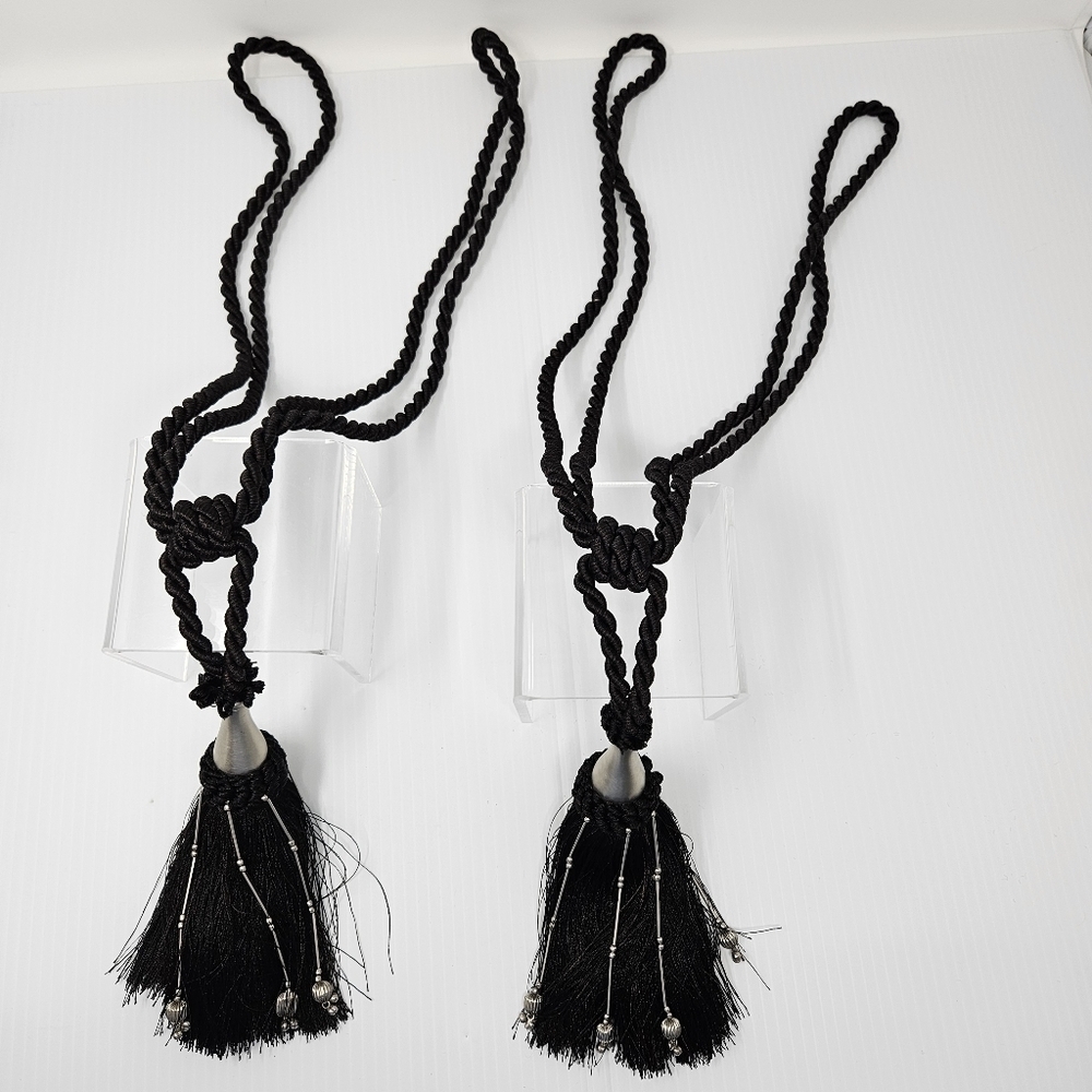 Tassel Curtain Tie Backs Black & Silver Beads Set of 2 Decorator Detail